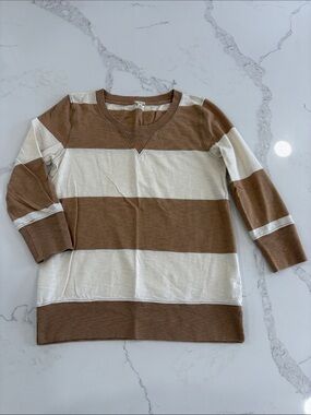 J. Crew Tan & White Wide Stripe 3/4 Sleeve Crew Neck Top Size XS